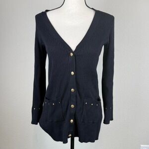 Cachè Black Ribbed Button Front Cardigan